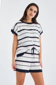 Peraluna MARINE BLOUSE & SHORTS %100 Pamuk Yazlık Kadın Triko Şort Takım - Lacivert/Ekru - 6