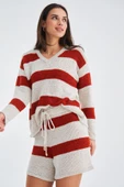 Peraluna SIENA BLOUSE & SHORTS Çizgili Uzun Kollu Kadın Triko Şort Takım - Kremit/Taş - 7