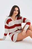 Peraluna SIENA BLOUSE & SHORTS Çizgili Uzun Kollu Kadın Triko Şort Takım - Kremit/Taş - 5