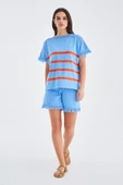 Peraluna HANNAH BLOUSE & SHORTS Pamuklu Yazlık Kadın Triko Şort Takım - Mavi/Turuncu/Gold - 1