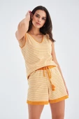 Peraluna PARU TOP & SHORTS Pamuklu Yazlık Kadın Triko Şort Takım - Bej/Turuncu - 6