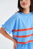 Peraluna HANNAH BLOUSE & SHORTS Pamuklu Yazlık Kadın Triko Şort Takım - Mavi/Turuncu/Gold - 3