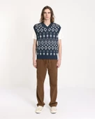 Far Afield PINTO KNITTED VEST-DIAMONDS V Yaka Baklava Desen %100 Organik Pamuk Erkek Triko Süveter - Lacivert - 1