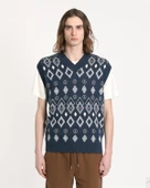 Far Afield PINTO KNITTED VEST-DIAMONDS V Yaka Baklava Desen %100 Organik Pamuk Erkek Triko Süveter - Lacivert - 2