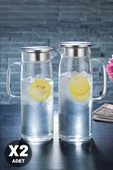 2'li Retro Cam Sürahi Kulplu Çelik Kapaklı Soğuk Sıcak Kokteyl Meşrubat Cam Sürahisi 1500 ml Seti - 1