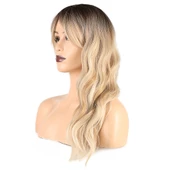 Dalgalı Perçemli Fiber Sentetik Orta Boy Peruk - Kahve Platin Röfleli thumbnail 3