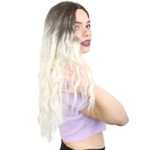 Su Dalgası Uzun Perçemsiz Fiber Sentetik Peruk - Küllü Açık Kahve / Platin Ombreli thumbnail 2