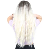 Su Dalgası Uzun Perçemsiz Fiber Sentetik Peruk - Küllü Açık Kahve / Platin Ombreli thumbnail 4