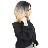 Kahkülsüz Düz Kısa Fiber Sentetik Peruk - Siyah / Balköpüğü Ombreli thumbnail 2