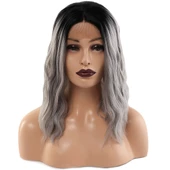 Fiber Sentetik Dalgalı Kısa Tül Peruk - Siyah Gri Ombreli thumbnail 4