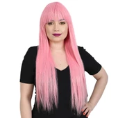 Uzun Kahküllü Fiber Sentetik Peruk - Şeker Pembesi thumbnail 1