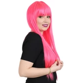 Uzun Kahküllü Fiber Sentetik Peruk - Neon Pembe thumbnail 2