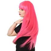 Uzun Kahküllü Fiber Sentetik Peruk - Neon Pembe thumbnail 3