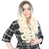 Yoğun Dalgalı Fiber Sentetik Uzun Perçemsiz Peruk - Küllü Açık Kahve / Platin Ombreli thumbnail 1