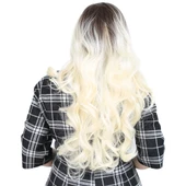 Yoğun Dalgalı Fiber Sentetik Uzun Perçemsiz Peruk - Küllü Açık Kahve / Platin Ombreli thumbnail 4