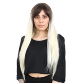 Fiber Sentetik Uzun Düz Kahküllü Peruk - Küllü Açık Kahve / Platin Ombreli thumbnail 1