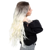 Fiber Sentetik Uzun Su Dalgası Peruk - Kahve / Platin Ombreli thumbnail 2