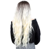 Fiber Sentetik Uzun Su Dalgası Peruk - Kahve / Platin Ombreli thumbnail 4