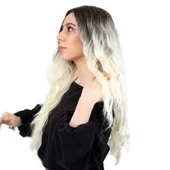 Fiber Sentetik Uzun Su Dalgası Peruk - Kahve / Platin Ombreli thumbnail 3