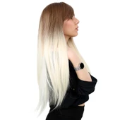 Fiber Sentetik Uzun Düz Kahküllü Peruk - Kumral / Platin Ombreli thumbnail 2