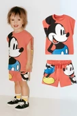 Unisex Çocuk Mickey Mouse Baskılı Pamuklu Bisiklet Yaka T-shirt ve Şort Alt Üst Takım - 1