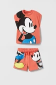 Unisex Çocuk Mickey Mouse Baskılı Pamuklu Bisiklet Yaka T-shirt ve Şort Alt Üst Takım - 2