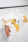 Unisex Çocuk Aslan Lion King Baskılı Pamuklu Bisiklet Yaka Beyaz T-shirt ve Şort Alt Üst Takım - 3