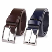 2 Adet Hakiki Deri Erkek Kemer 4 cm Kahverengi Lacivert Keten ve Kot Uyumlu - 1