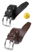 2 Adet Hakiki Deri Erkek Kemer 4 cm Siyah Kahverengi Keten Ve Kot Uyumlu thumbnail 1