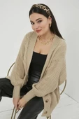 Lugmo Kadın Triko 4 Düğmeli Örgü Hırka Bej 70 cm - 1