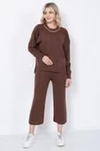 Kadın Triko Zincirli Cepli Kazak Pantolon Takım Oversize Kahverengi - 9