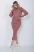 Kadın Triko Zikzak Çizgili Kazak ve Etek Takım Oversize Gül Kurusu - 3