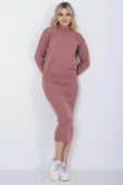 Kadın Triko Zikzak Çizgili Kazak ve Etek Takım Oversize Gül Kurusu - 5
