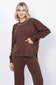 Kadın Triko Zincirli Cepli Kazak Pantolon Takım Oversize Kahverengi - 2