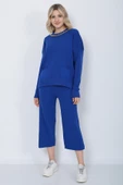 Kadın Triko Zincirli Cepli Kazak Pantolon Takım Oversize Mavi - 1