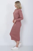 Kadın Triko Zikzak Çizgili Kazak ve Etek Takım Oversize Gül Kurusu - 9