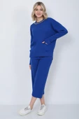 Kadın Triko Zincirli Cepli Kazak Pantolon Takım Oversize Mavi - 4