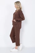 Kadın Triko Zincirli Cepli Kazak Pantolon Takım Oversize Kahverengi - 6