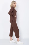 Kadın Triko Zincirli Cepli Kazak Pantolon Takım Oversize Kahverengi - 3