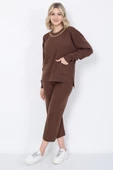 Kadın Triko Zincirli Cepli Kazak Pantolon Takım Oversize Kahverengi - 5