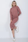 Kadın Triko Zikzak Çizgili Kazak ve Etek Takım Oversize Gül Kurusu - 6