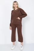 Kadın Triko Zincirli Cepli Kazak Pantolon Takım Oversize Kahverengi - 1