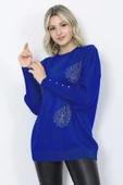 Kadın Triko Kazak Bisiklet Yaka Yaprak Desenli Kolu Taşlı Oversize Saks Mavi thumbnail 1