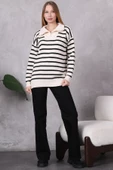 Kadın Kamyoncu Yaka Oversize Çizgili Fermuarlı Uzun Triko Kazak Ten Rengi thumbnail 10