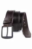 2 Adet Hakiki Deri Erkek Kemer 4,5 cm Dikiş Desenli Kahverengi thumbnail 3