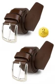 2 Adet Hakiki Deri Erkek Kemer Kahverengi 4,5 cm Kot Uyumlu thumbnail 1