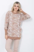 Kadın Triko Kazak Bisiklet Yaka Zebra Desenli Oversize Vizon - 4