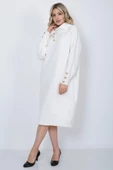 Triko Uzun Kadın Elbise Yaka Düğmeli Ekru thumbnail 3