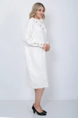 Triko Uzun Kadın Elbise Yaka Düğmeli Ekru thumbnail 8