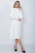 Triko Uzun Kadın Elbise Yaka Düğmeli Ekru thumbnail 6